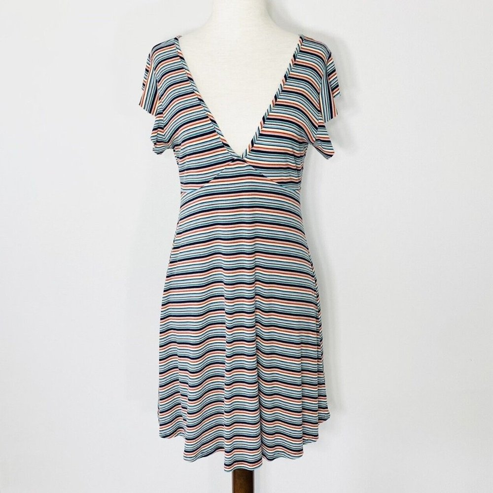 Wild Fable Colourful Striped Dress with Ruffle Sleeves